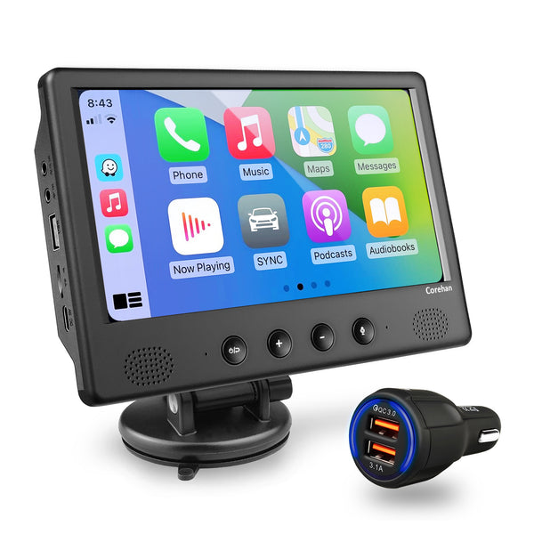Portable Bluetooth Car Stereo - Corehan 7" IPS Touch Screen Multimedia Player Compatible with Wireless Apple CarPlay & Android Auto Bluetooth Mirror Link FM Transmitter Voice Control